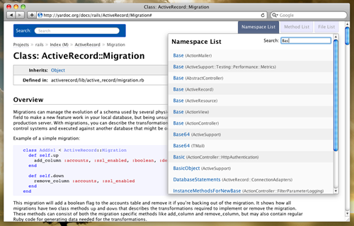 The new templates in action, showing docs for ActiveRecord and the list of classes/modules on the top right.